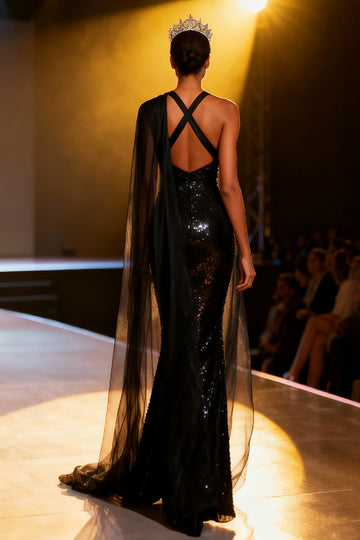 Sparkly Black Mermaid Halter Maxi Pageant Dress with Sash